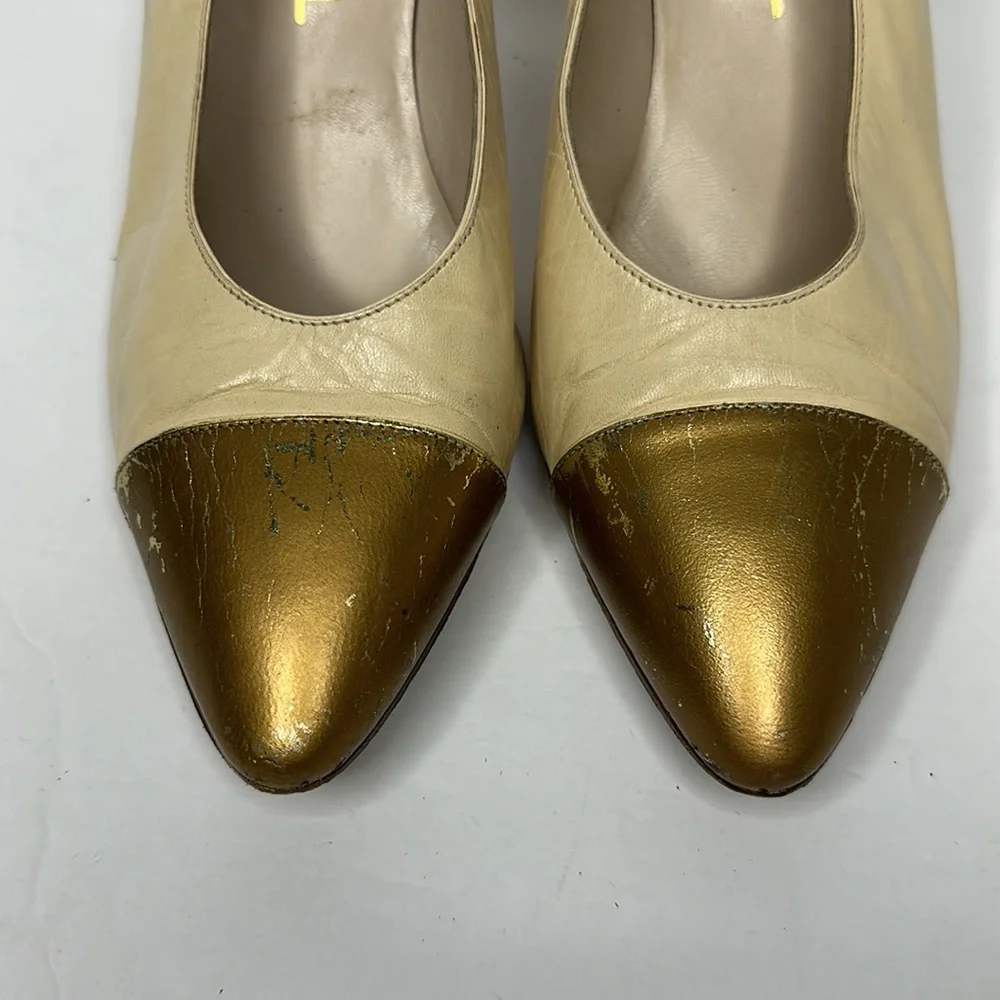 CHANEL Cream Leather Pumps with Gold Cap Toe - Picture 2 of 8